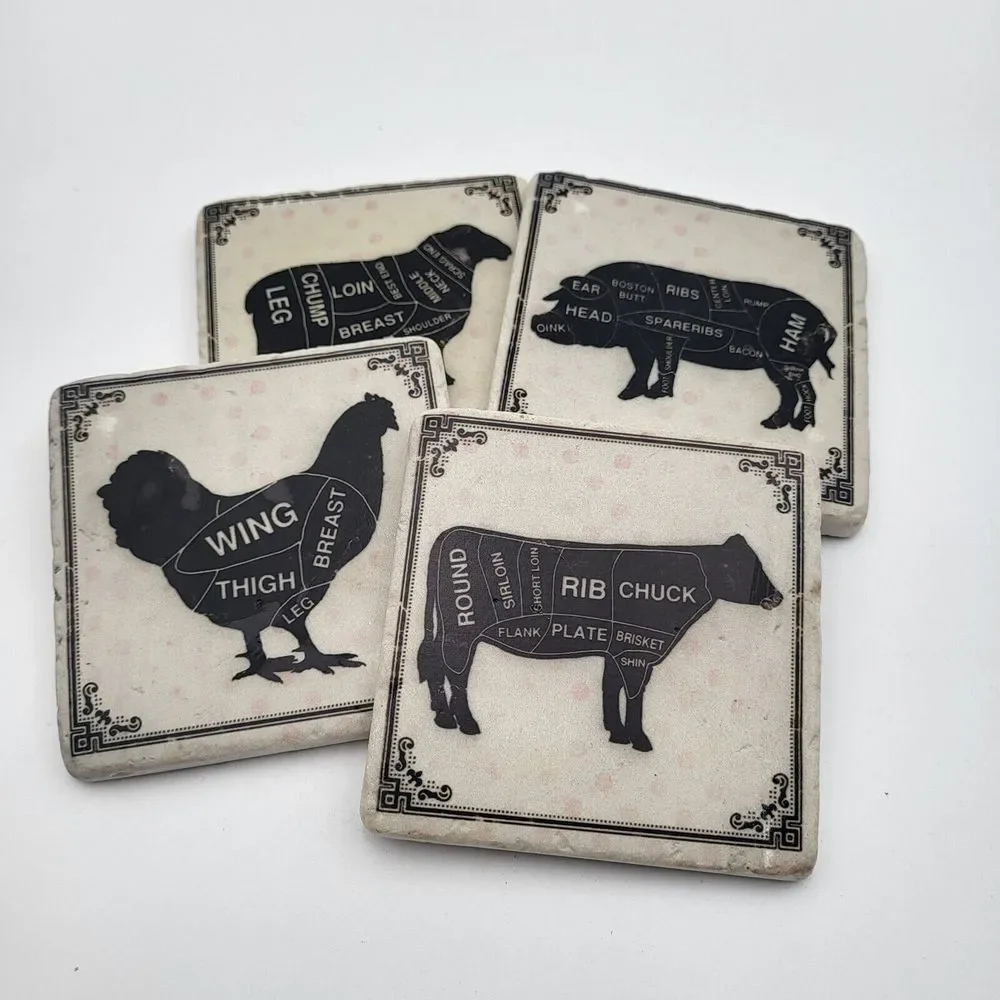 Set of 4 Farm Animal Meat‎ Cuts Ceramic Coasters Cork Backing